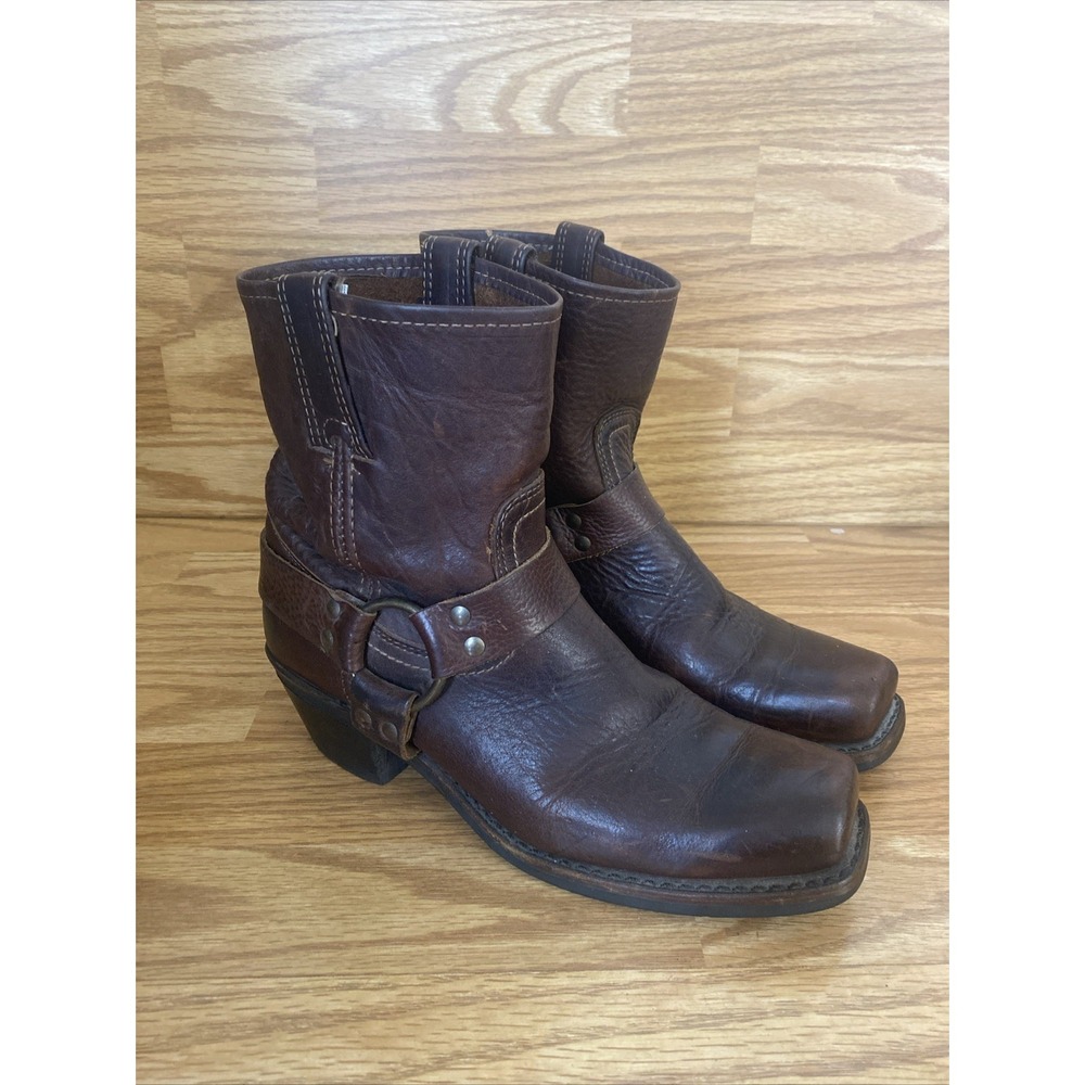 Frye 8R Harness Boots Women's 9-9.5 Men's 8.5 Brown Leather Square Toe Read